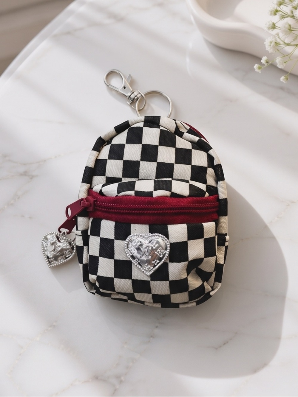 Checkerboard Mini Backpack coin pouch with Burgundy Zipper